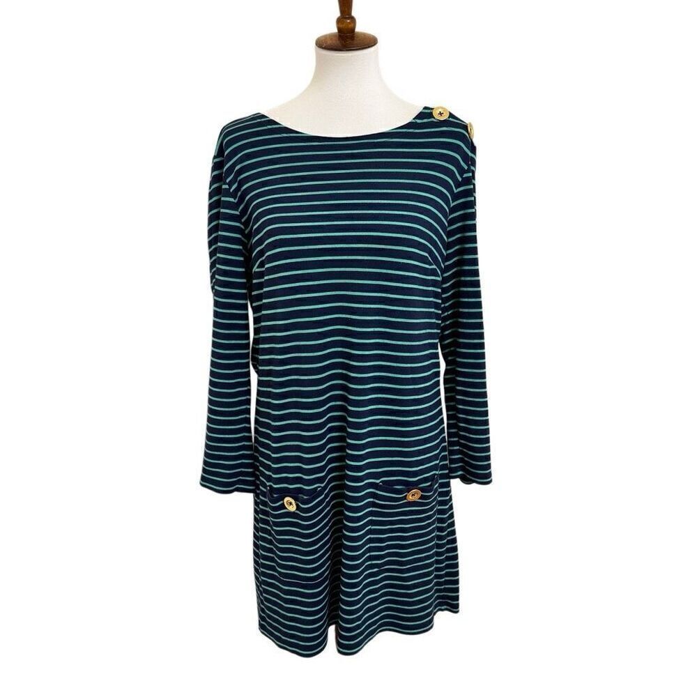 Sail to Sable Navy Blue & Green Striped Shift Dress Gold Buttons Size Large